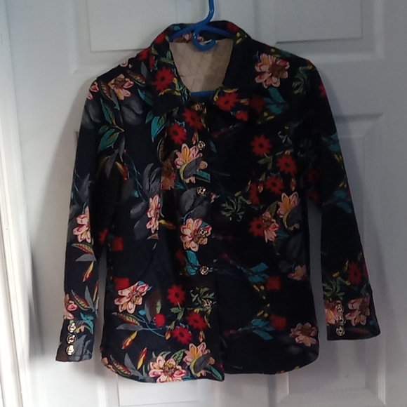 Women's Floral Print Light Jacket Size XL Black Coat w/ Gold Buttons - Picture 2 of 15